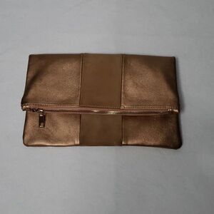 BP Nordstrom Metallic Fold Over Zip Clutch Bronze Faux Leather Evening Bag OS